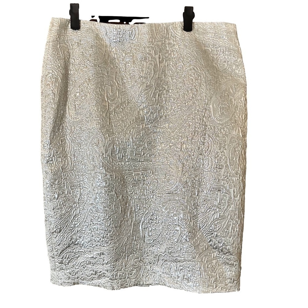 Lord & Taylor Women’s Silver Metallic Jacquard Midi Skirt Party Holiday Size 12